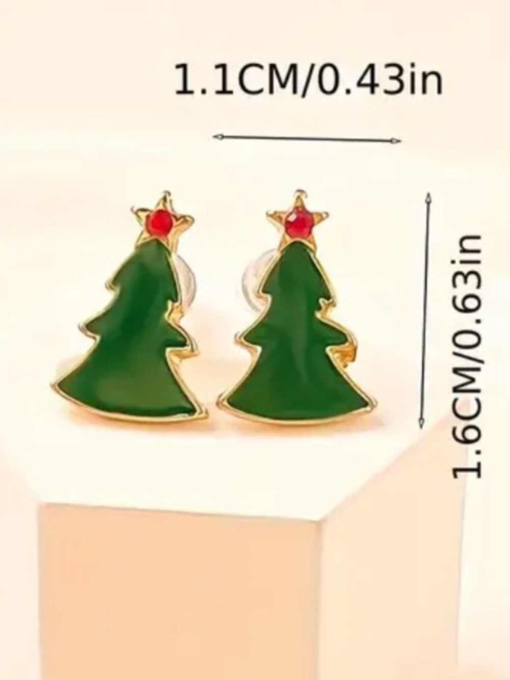 Gold-Trim Green Christmas Tree Stud Earrings with Red Star